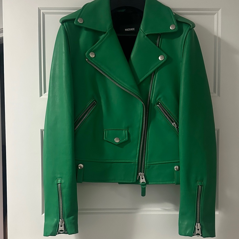 Mackage Green Leather Jacket with Silver Accents